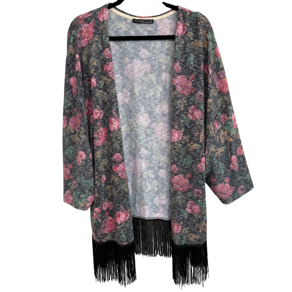 Atmosphere Primark Floral Kimono Cardigan Pink Rose Fringe Hem Grey Large